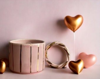 Gold Striped Handled Pink Ceramic Mug