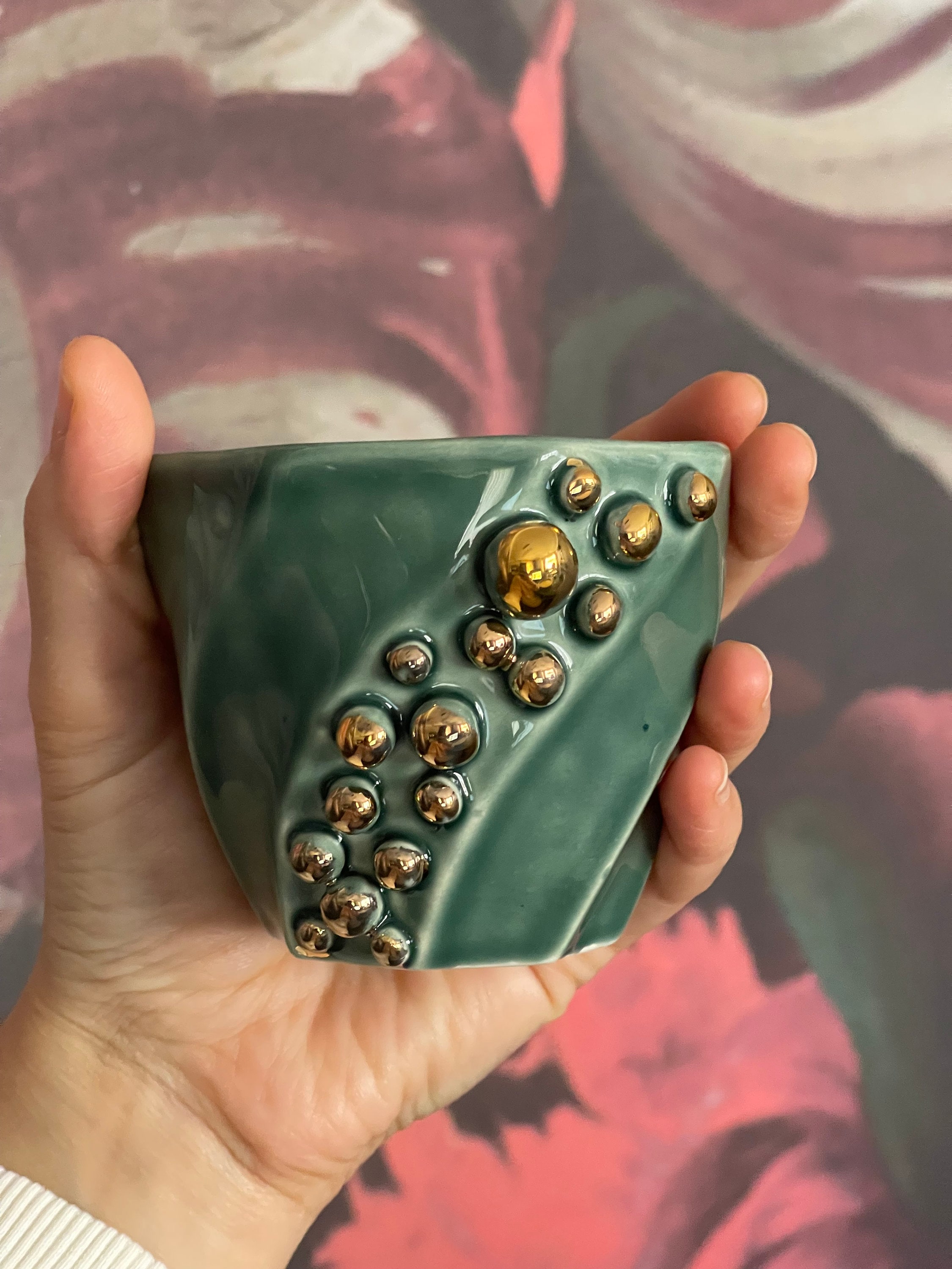 Green Handleless Handmade 24k Gold Polka Dotted Coffee Cup