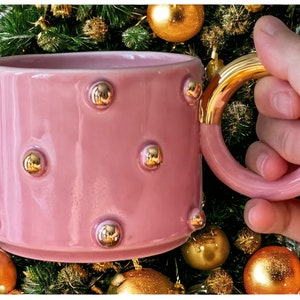 Polka Dotted Gold Pink Mug with  Handle