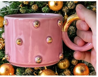 Polka Dotted Gold Pink Mug with  Handle