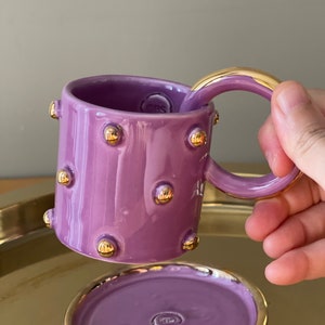 Purple Polka Dotted Gold Plated Coffe Cup
