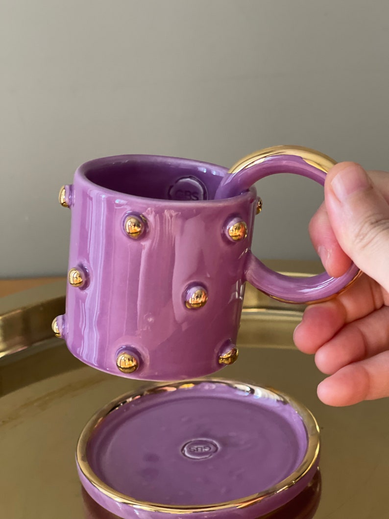 Purple Polka Dotted Gold Plated Coffe Cup image 6