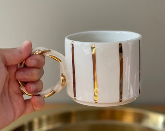 Gold Striped White Mug with Handle