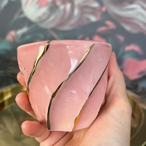 Pink Handleless Handmade 24k Gold Striped Coffee Cup