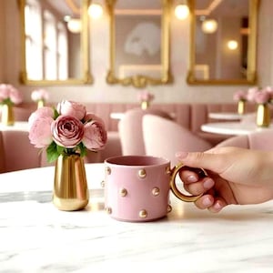 Handmade Ceramic Pink Mug with 24k Gold Handle image 1