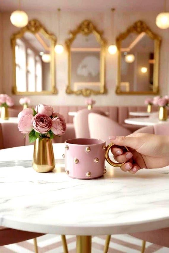 Polka Dotted Gold Handmade Gift Ceramic Pink Mug or Coffee Cup with  Handle