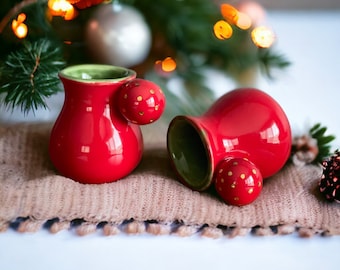 Gold Dotted Ball Handled Red Green Christmas Mug