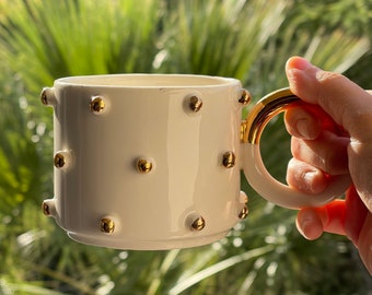 Polka Dotted Gold White Mug with Handle