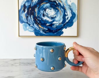 Polka Dotted Gold Blue Mug with Handle Patina Blue Artisan Pottery