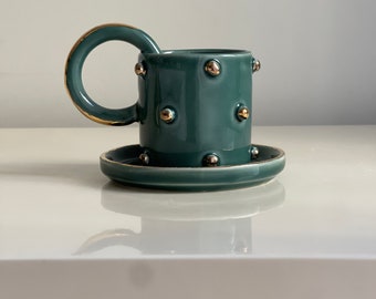 Green Polka Dotted Gold Plated Coffe Cup