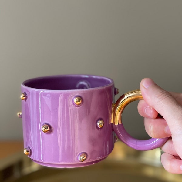 Polka Dotted Ceramic Mug Gold Purple, Coffee Cup, Tea Mug, Kitchen Gift, Unique Mug