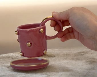 Pink Polka Dotted Gold Plated Handled Ceramic Coffee Cup or Mug