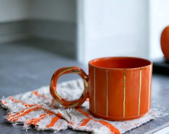 Orange Gold Striped White Mug with Handle