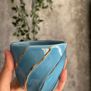 Blue Handleless Handmade 24k Gold Striped Coffee Cup