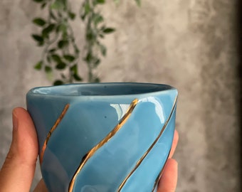 Blue Handleless Handmade 24k Gold Striped Coffee Cup