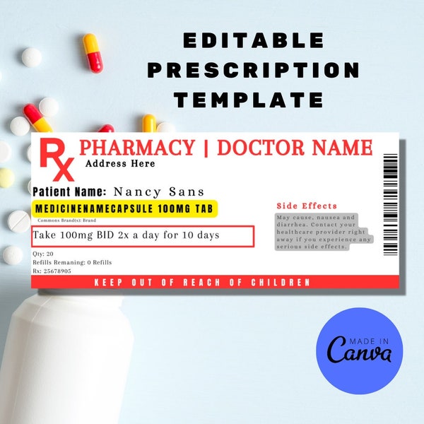 Prescription Label Template, Editable Medicine Label, Pill Bottle Label, Prescription Bottle Label, Canva