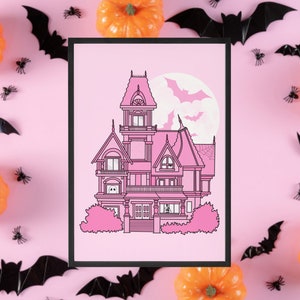 Pink Haunted House, Halloween Decor, Horror Gift, Horror Decor, Horror Print, Spooky Decor, Spooky Art, Pink Halloween