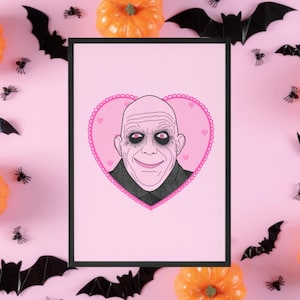 Uncle Fester, Addams Family Inspired Print, Halloween Decor, Horror Gift, Horror Decor, Horror Print, Spooky Decor, Spooky Art, Pink Horror