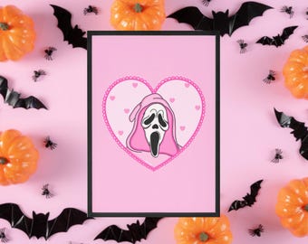 Estampado inspirado en Ghostface rosa chillón, corazón de terror, decoración de Halloween, regalo de terror, decoración de terror, lámina de terror, decoración espeluznante, arte espeluznante