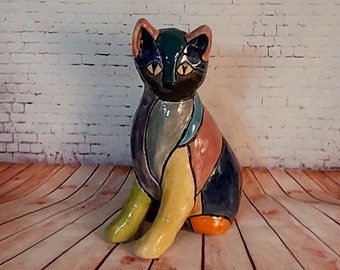 Colorful handmade ceramic cat, pottery cat décor, ceramic animl sculptureal,  cat lovers gift, pottery cat statue