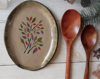 Adorned Spoon Rest with Illustrated Colorful Leaves Accents,, ceramic spoon rest, ceramic spoon plate,pottery spoon rest, Christmas gift