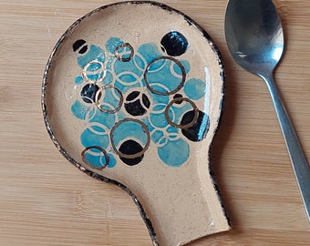 black & turquoise spoon holder, ceramic spoon holder, ceramic spoon rest, ceramic spoon plate,pottery spoon rest,large spoon rest,