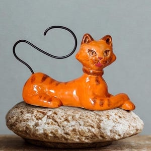 Small Ceramic cat sculpture, orange cat sculpture, pottery cat décor, ceramic, animal sculpture, cat lovers gift, pottery cat statue.