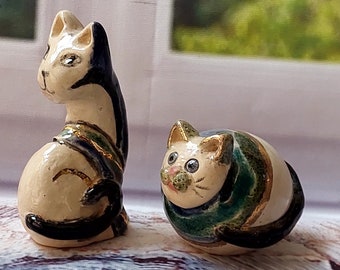 Mini Ceramic Cat Figurines, Pottery Animal Decor, Cat Lover Gift