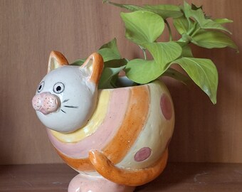 Maceta de cerámica artesanal con forma de gato, regalo para amantes de los gatos