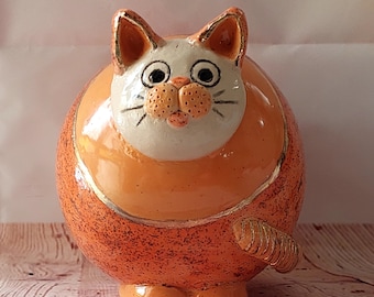 ceramic cat sculpture , orange cat sphere sculpture, pottery cat décor, ceramic, animal sculpture, cat lovers gift, pottery cat statue.