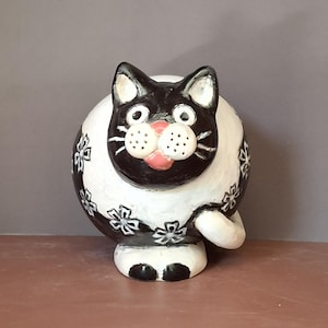 Black and white.Ceramic  Cat Sculpture, Whimsical Cat Figurine, Hand-Painted Cat Decor, Unique Cat Lover Gift, Handmade Pottery Cat Art