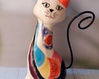 small Colorful handmae ceramic cat, pottery cat décor, ceramic animl sculptureal,  cat lovers gift, pottery cat statue