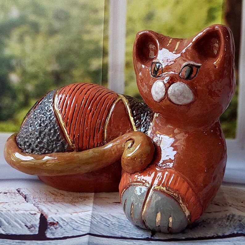 ceramic cat sculpture , pottery cat décor, Sculpture, cat lovers gift, pottery cat statue. image 3