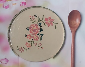 flowers spoon holder, ceramic spoon holder, ceramic spoon rest, ceramic spoon plate,pottery spoon rest,large spoon rest,