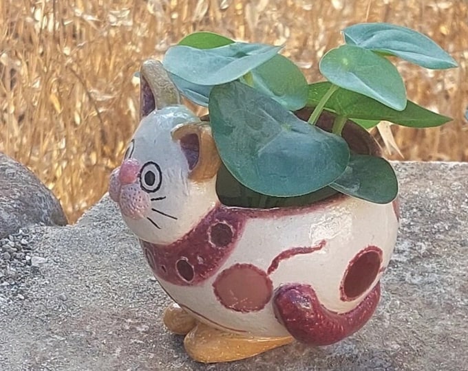 Small Pottery plant sculpture, Ceramic cat, cat décor, Succulent Planter, Cat lovers gift, Cat Planter Pot ,plant pot with drainge