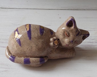 small sleeping Purple Tabby Cat Figurine, small ceramic sleeping cat,  minimalist cat statue,