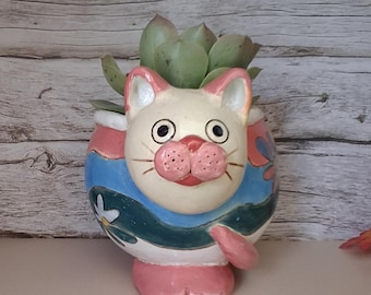 Maceta de cerámica artesanal con forma de gato, decoración única para gatos, maceta para suculentas.