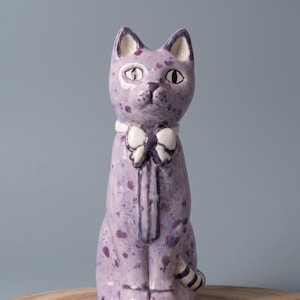 Large Purple Speckled Ceramic Cat Figurine with Bow Tie: Handmade Whimsical Pottery