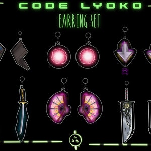 May include: An earring set with various designs, including laptops, glowing orbs, arrows with paw prints, swords, and fans. The text "CODE LYOKO - EARRING SET" is displayed in green at the top. The earrings are suspended against a black background.