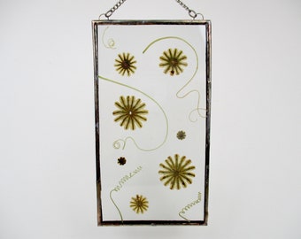 Pressed and dried flowers in hanging glass frame with stained glass frame. Floating. Dried flowers. Framed flowers. LG100