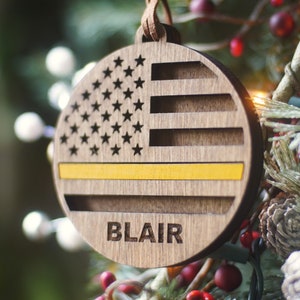 Thin Yellow Line Custom Ornament, Dispatchers Gift, First Responder, Dispatcher Flag, Custom Name, Wood Flag, Christmas Ornament