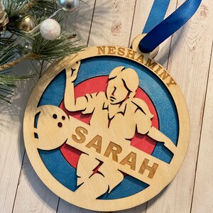 Personalized Bowling Christmas Ornament, Engraved wooden with name