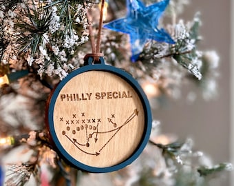 Philly Special Ornament - Philadelphia Eagles Inspired - Philly Philly - Philadelphia Football - Unique Engraved Wood Gift - Brotherly Shove