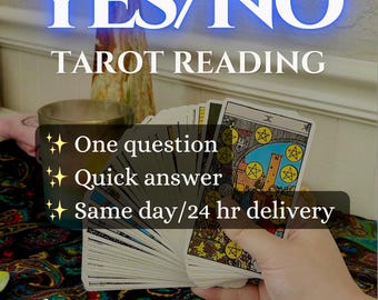 Pode incluir: Um leque de cartas de tarô segurado na mão, com a carta Dez de Ouros no topo. O texto sobreposto diz YES/NO TAROT READING, One question, Quick answer, Same day/24 hr delivery e NO AI • DIGITAL DOWNLOAD em letras brancas e azuis.