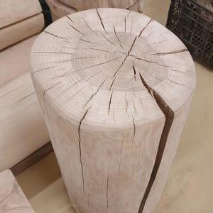 Könnte beinhalten: Ein helles, unfertiges Holzschemel mit zylindrischer Form. Die obere Oberfläche zeigt konzentrische Jahresringe und radiale Risse. Die Seiten des Hockers haben eine natürliche, raue Textur mit einem großen vertikalen Riss. Der Hocker ist wahrscheinlich aus einem Baumstamm gefertigt.