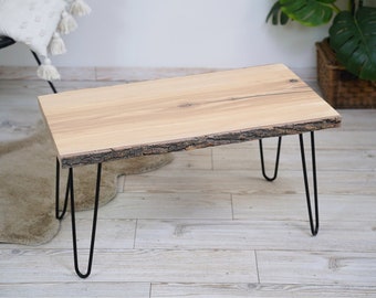 Natural Ash Wood Coffee Table Made of Natural Massive Plank + Hairpin Legs of Your Choice