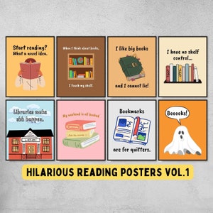 set of 8 funny literary arts printable posters, book lover wall art, english classroom posters, funny library posters, funny teacher gift