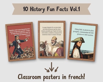 10 history fun facts classroom posters in french, social studies classroom decor, history teacher gift, affiche salle de classe