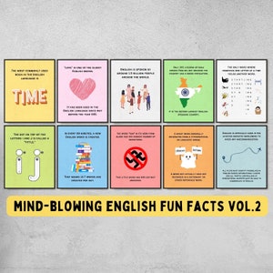 set of 10 english fun facts printable posters for classroom and bulletin board decor, english language arts decor, educational posters