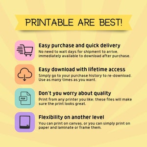 May include: Printable digital downloads are the best! This graphic shows four reasons why: easy purchase and quick delivery, easy download with lifetime access, no worries about quality, and flexibility on another level. The graphic includes icons of a shopping cart, a cloud with a download arrow, a PDF file, and a smartphone.